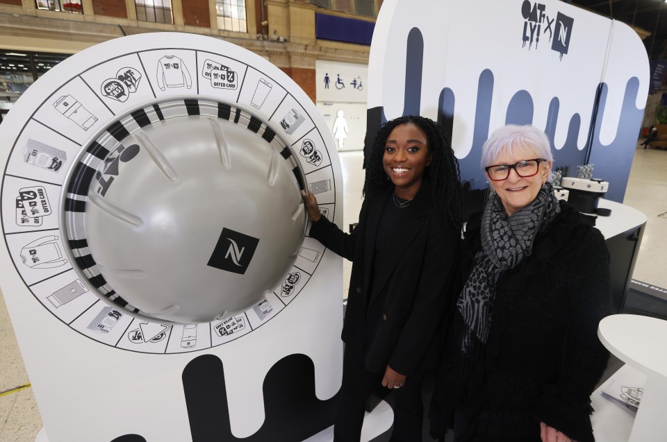 *** FREE FOR EDITORIAL USE ***<br />
Perfect pairing, Minah and Linda, come together to surprise commuters with free oat flat white coffees and prizes - marking launch of a collaboration between Nespresso and Oatly.