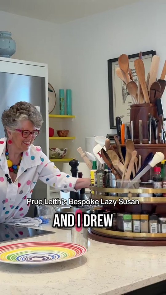 Prue Leith in her kitchen using a bespoke lazy Susan.