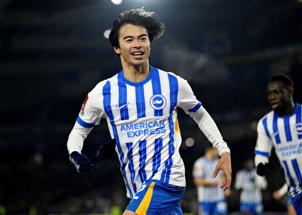 Soccer Football - FA Cup - Fourth Round - Brighton & Hove Albion v Chelsea - The American Express Community Stadium, Brighton, Britain - February 8, 2025 Brighton & Hove Albion's Kaoru Mitoma celebrates scoring their second goal REUTERS/Tony O Brien TPX IMAGES OF THE DAY