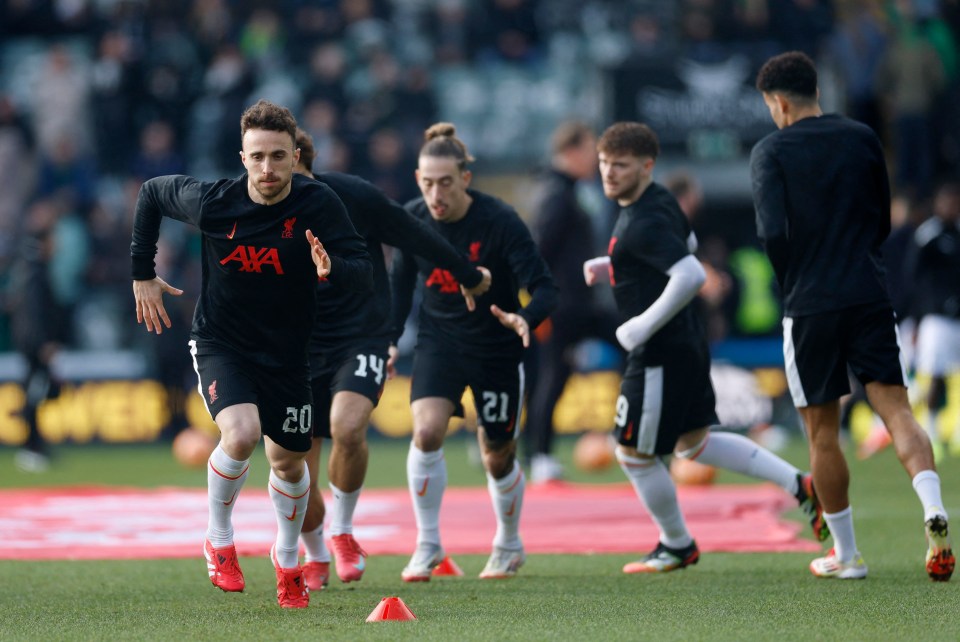 Soccer Football - FA Cup - Fourth Round - Plymouth Argyle v Liverpool - Home Park, Plymouth, Britain - February 9, 2025 Liverpool's Diogo Jota during the warm up before the match Action Images via Reuters/Peter Cziborra