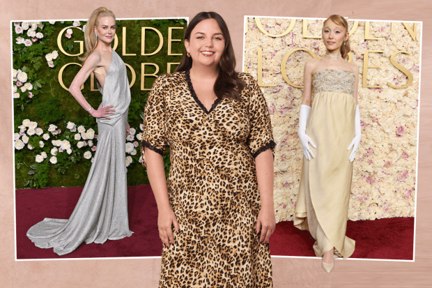 Collage of three women in different dresses at the Golden Globes.