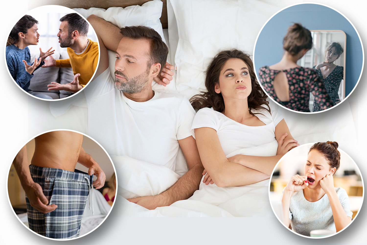 Collage of a couple arguing, a man and woman lying in bed looking unhappy, a woman looking in a mirror, and a woman yawning.