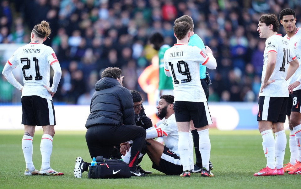 Liverpool's Joe Gomez is treated for an injury before leaving the game during the Emirates FA Cup fourth round match at Home Park, Plymouth. Picture date: Sunday February 9, 2025. PA Photo. See PA story SOCCER Plymouth. Photo credit should read: Adam Davy/PA Wire. RESTRICTIONS: EDITORIAL USE ONLY No use with unauthorised audio, video, data, fixture lists, club/league logos or "live" services. Online in-match use limited to 120 images, no video emulation. No use in betting, games or single club/league/player publications.