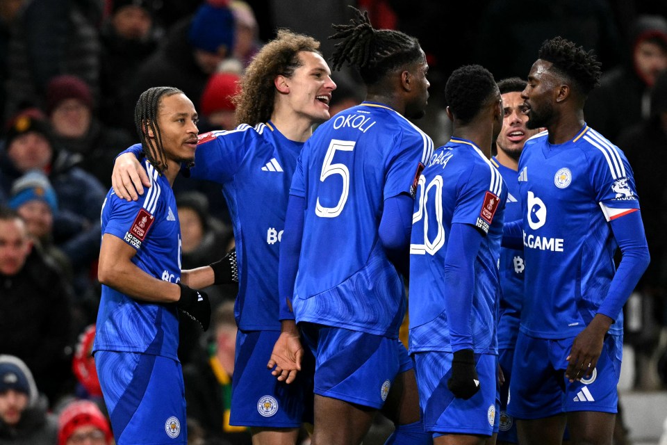 Leicester City's Jamacan striker #14 Bobby Decordova-Reid (L) celebrates scoring the team's first goal during the English FA Cup fourth round football match between Manchester United and Leicester City at Old Trafford in Manchester, north west England, on February 7, 2025. (Photo by Oli SCARFF / AFP) / RESTRICTED TO EDITORIAL USE. No use with unauthorized audio, video, data, fixture lists, club/league logos or 'live' services. Online in-match use limited to 120 images. An additional 40 images may be used in extra time. No video emulation. Social media in-match use limited to 120 images. An additional 40 images may be used in extra time. No use in betting publications, games or single club/league/player publications. / (Photo by OLI SCARFF/AFP via Getty Images)