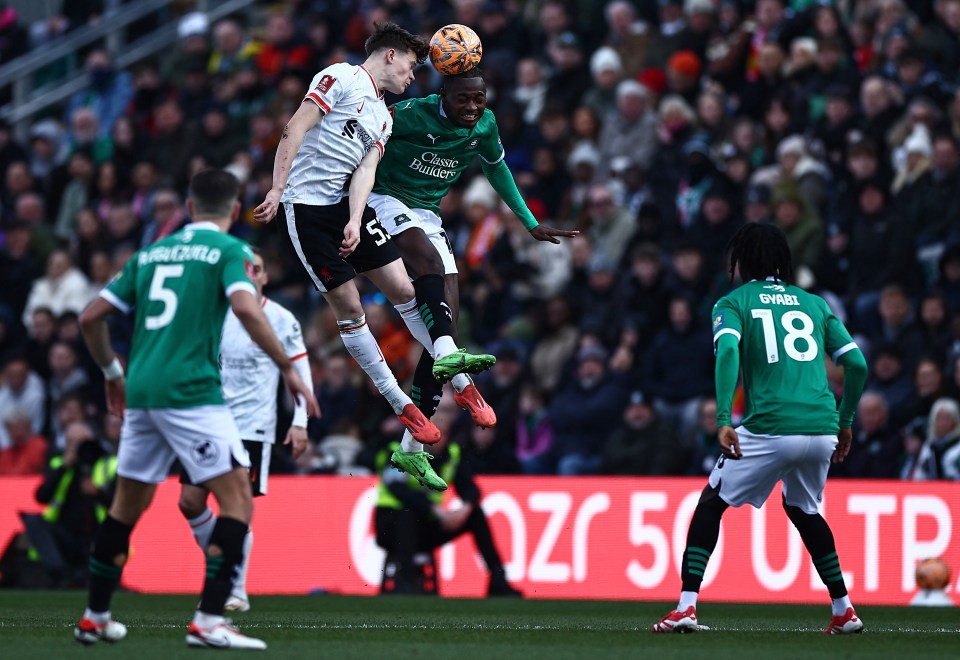 Liverpool's English midfielder #53 James McConnell jumps to header the ball during the English FA Cup fourth round football match between Plymouth Argyle and Liverpool at Home Park in Plymouth, south west England, on February 9, 2025. (Photo by HENRY NICHOLLS / AFP) / RESTRICTED TO EDITORIAL USE. No use with unauthorized audio, video, data, fixture lists, club/league logos or 'live' services. Online in-match use limited to 120 images. An additional 40 images may be used in extra time. No video emulation. Social media in-match use limited to 120 images. An additional 40 images may be used in extra time. No use in betting publications, games or single club/league/player publications. / (Photo by HENRY NICHOLLS/AFP via Getty Images)