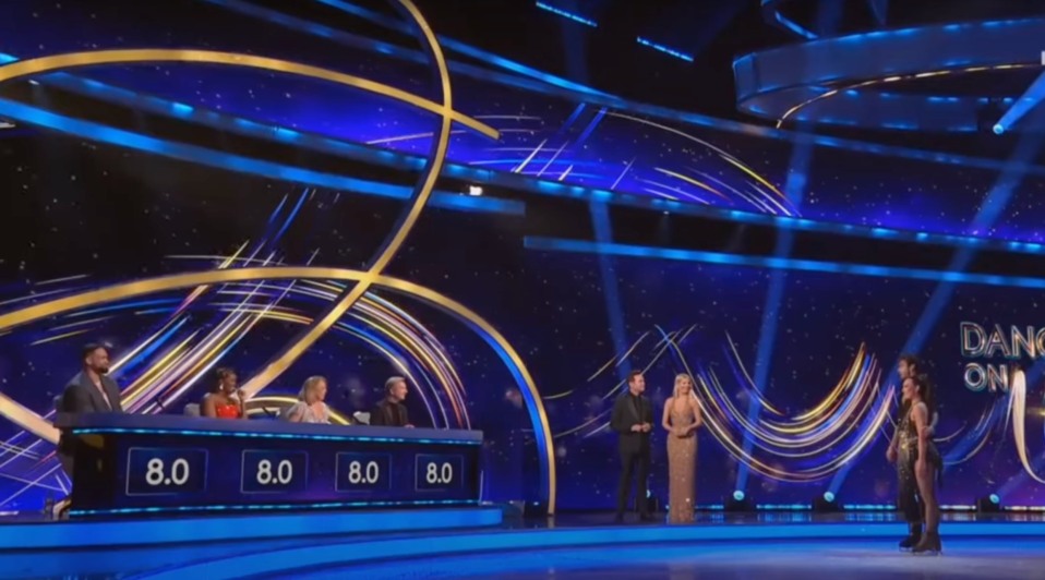 Screenshot of Dancing on Ice judges giving scores of 8.0.