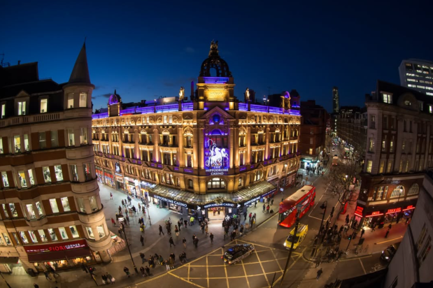 Nighttime view of the Hippodrome Casino in London.