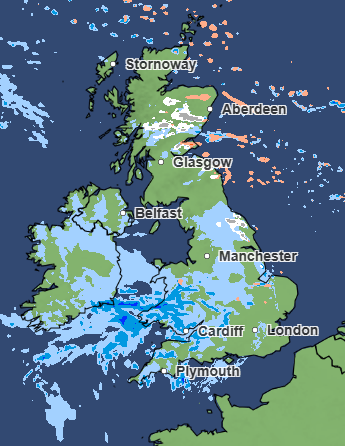 Weather map of the UK showing precipitation.