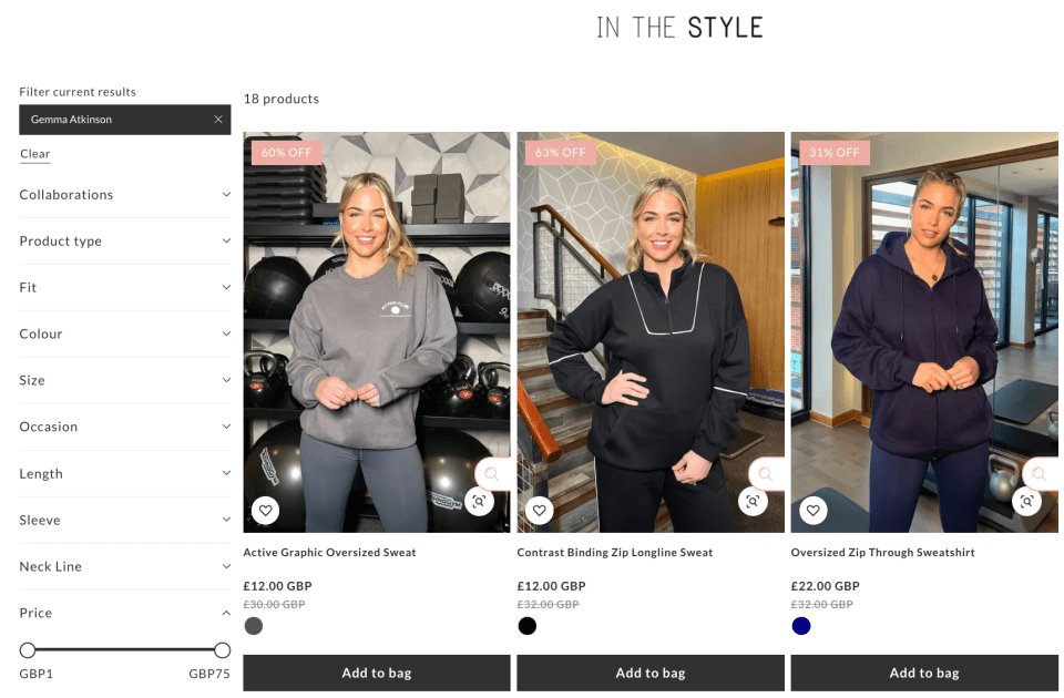 Screenshot of In The Style website showing three sweatshirts with prices and model photos.