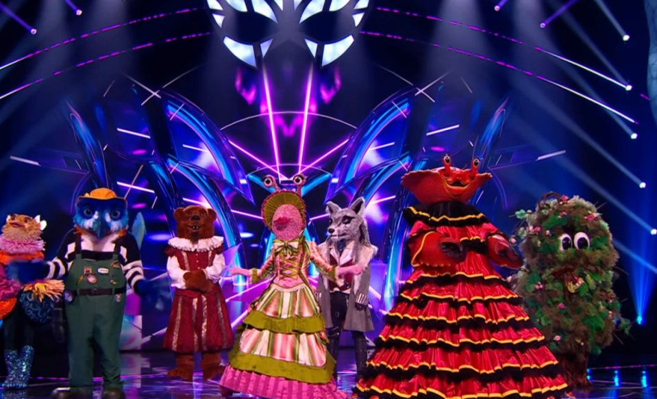 Screenshot of contestants in costume on a stage.