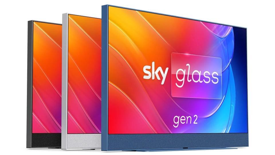 Sky Glass Gen 2 TVs in black, silver, and blue.