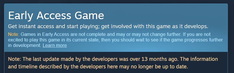 Steam Early Access game information.