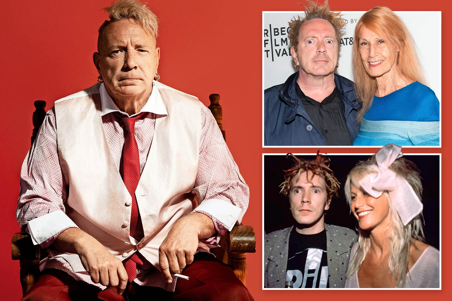 Collage of John Lydon at different ages with his wives.