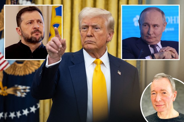 Collage of Volodymyr Zelenskyy, Donald Trump, Vladimir Putin, and Michael McFaul.