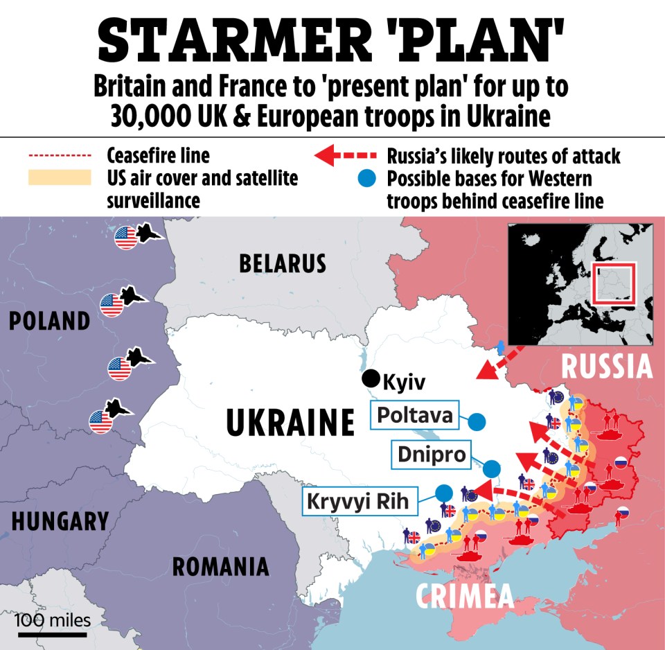 Illustration of a plan for up to 30,000 UK and European troops in Ukraine.