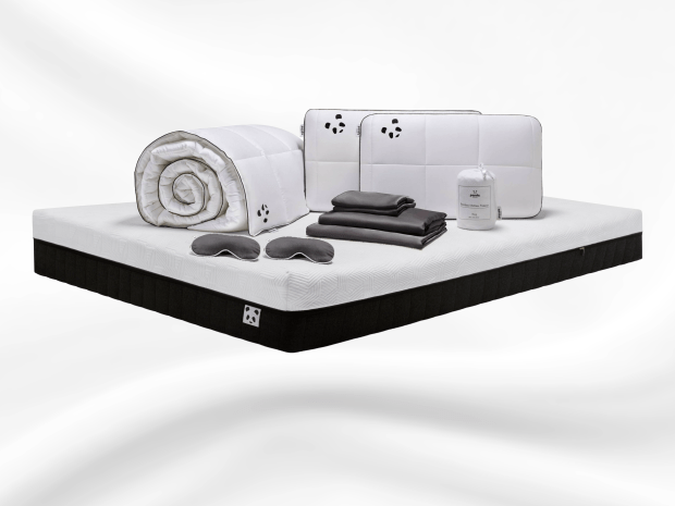 Mattress, bedding, and sleep mask set.