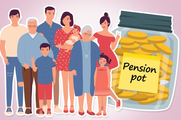 Illustration of a multigenerational family standing beside a jar filled with coins labeled &quot;Pension pot&quot;.