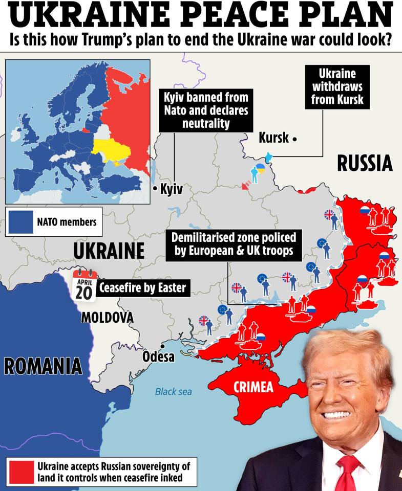 Illustration of a proposed peace plan for Ukraine, showing territorial divisions and troop deployments.