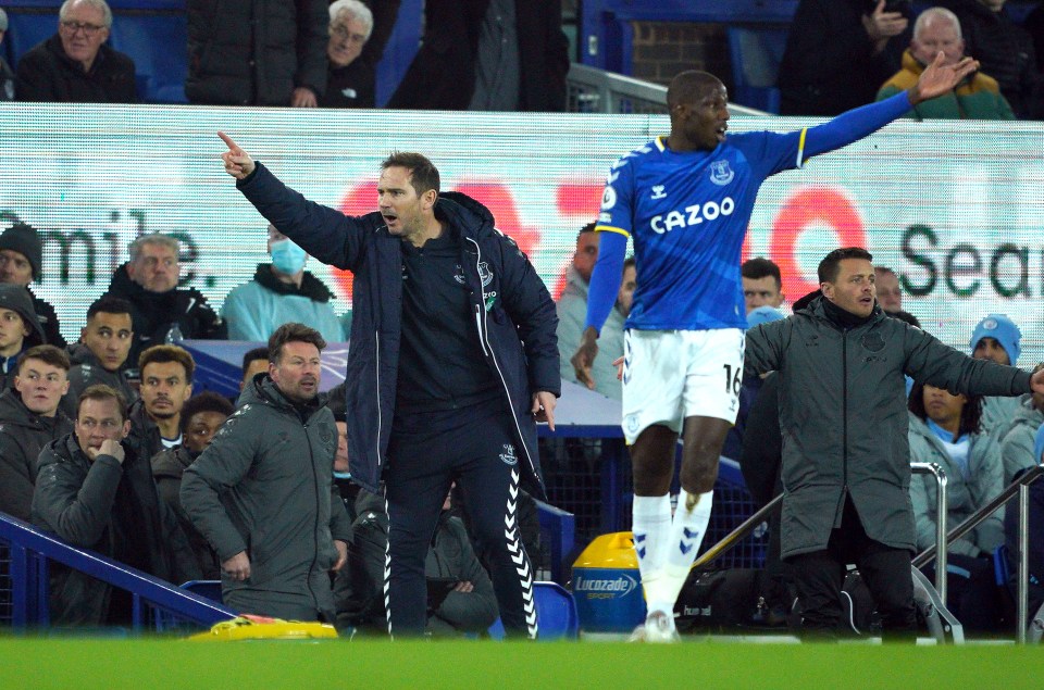 Everton manager Frank Lampard and player Abdoulaye Doucoure react during a Premier League match.