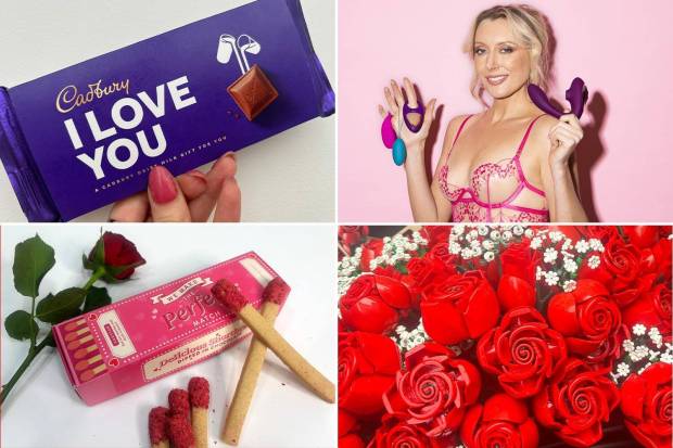 Collage of Valentine's Day gifts: chocolate, sex toys, chocolate matches, and Lego roses.