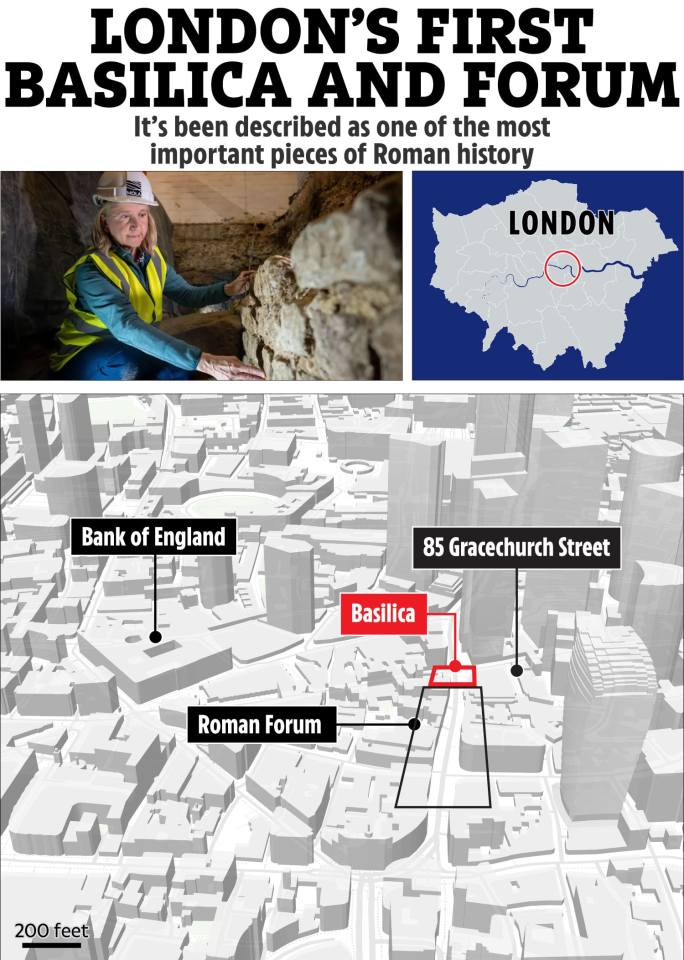 Illustration of London's first basilica and forum location, including an archaeologist excavating and a map showing its proximity to the Bank of England and 85 Gracechurch Street.