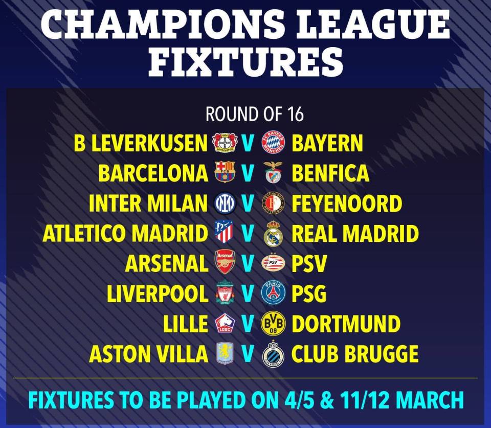 Champions League Round of 16 fixtures.