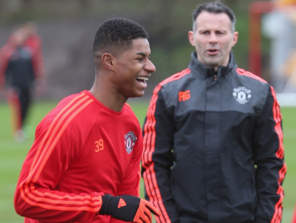 Marcus Rashford and Ryan Giggs at a Manchester United training session.