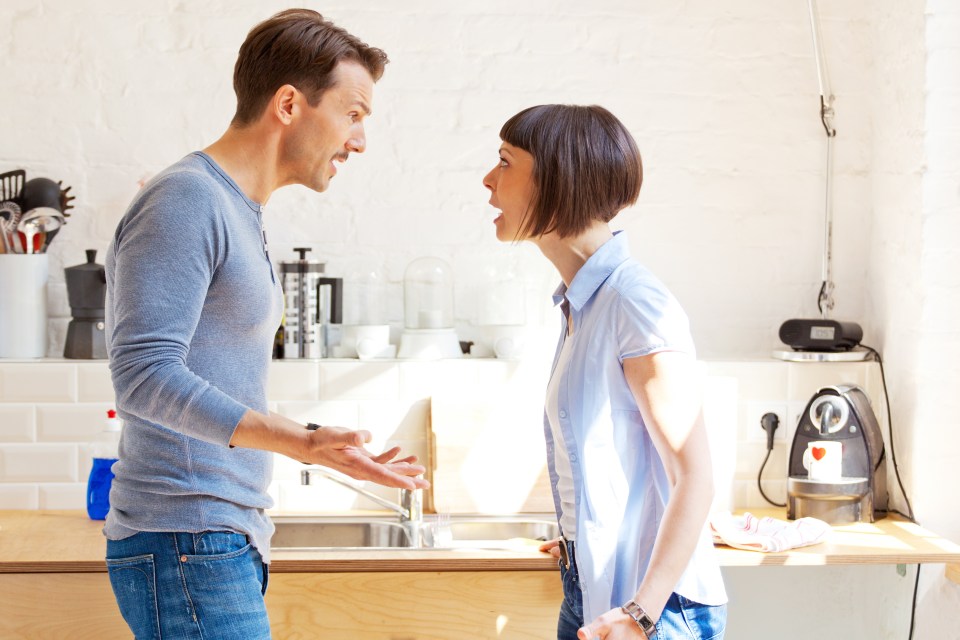 A couple arguing in their kitchen.