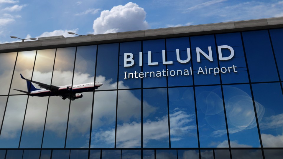 Illustration of Billund International Airport with a plane landing.