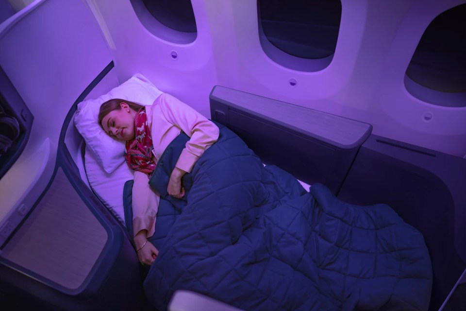 Woman sleeping under a blanket in an airline bunk bed.