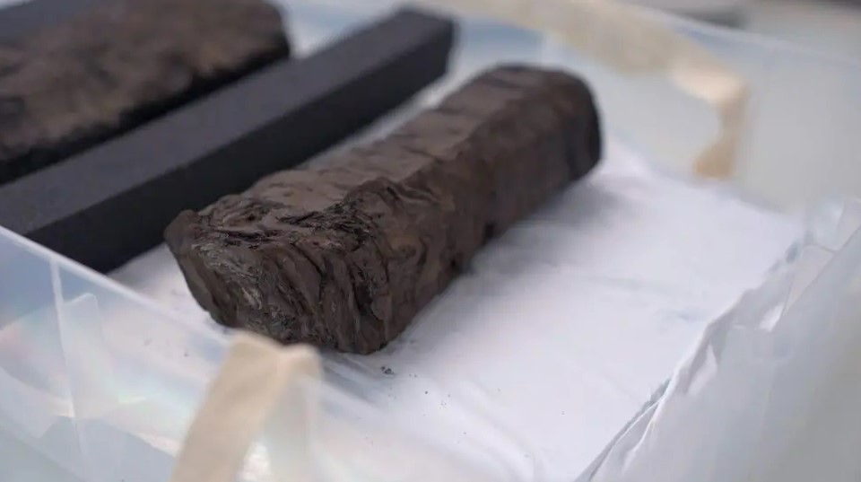 Burnt ancient scroll fragments in a container.