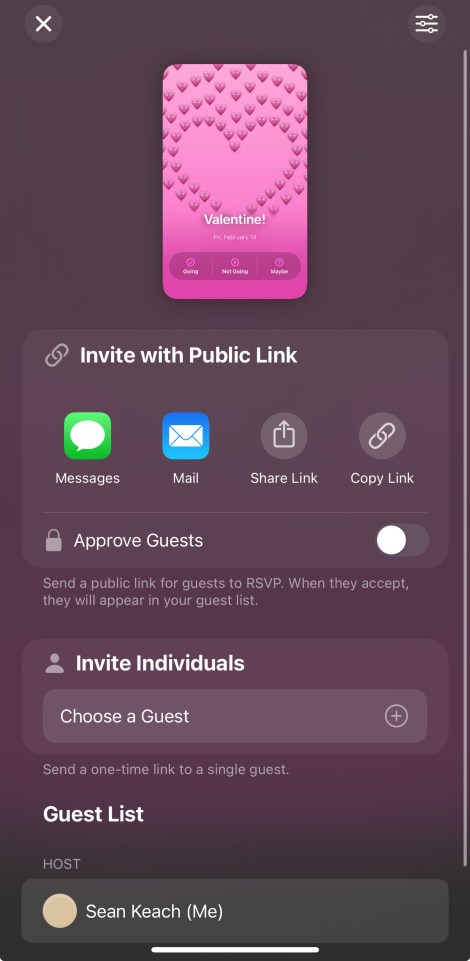 Screenshot of an app interface showing options to invite guests to a Valentine's Day event.