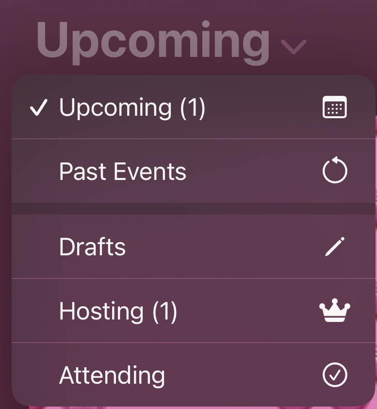 Menu showing upcoming, past, and draft events, hosting events, and attending events.