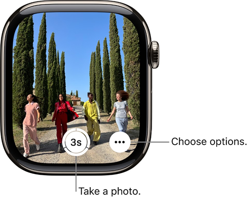 Apple Watch viewfinder showing four people walking down a tree-lined path; options to take a photo and choose settings are labeled.