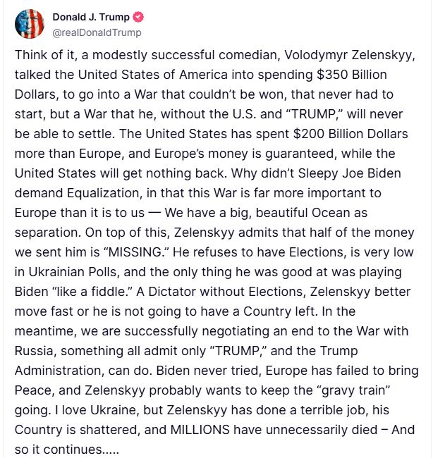 Screenshot of a Donald Trump tweet criticizing Volodymyr Zelenskyy's handling of the war in Ukraine.