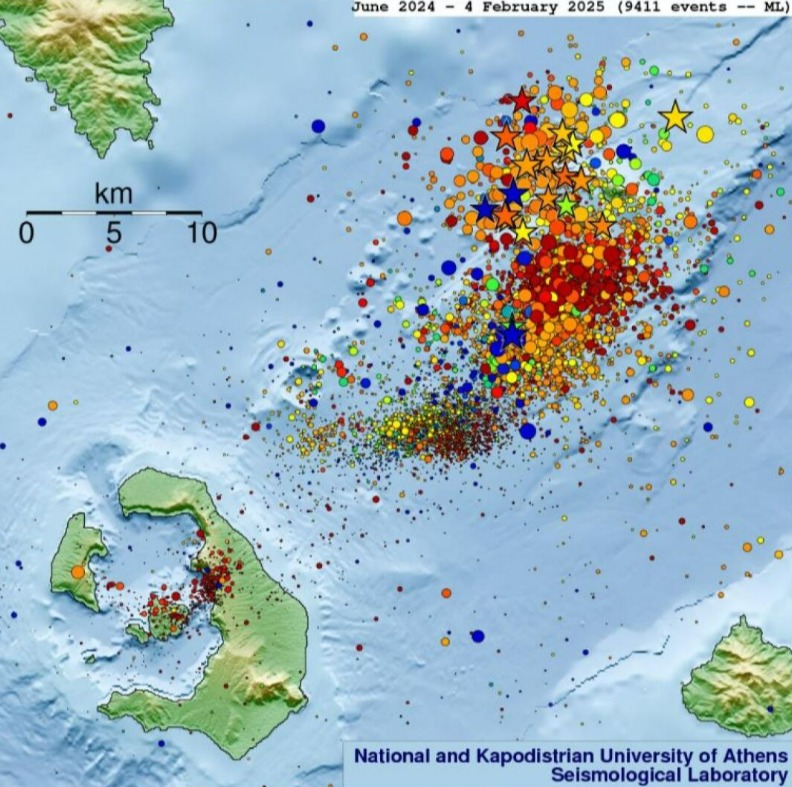 Map of Santorini seismic activity from June 2024 to February 2025, showing 9411 events.