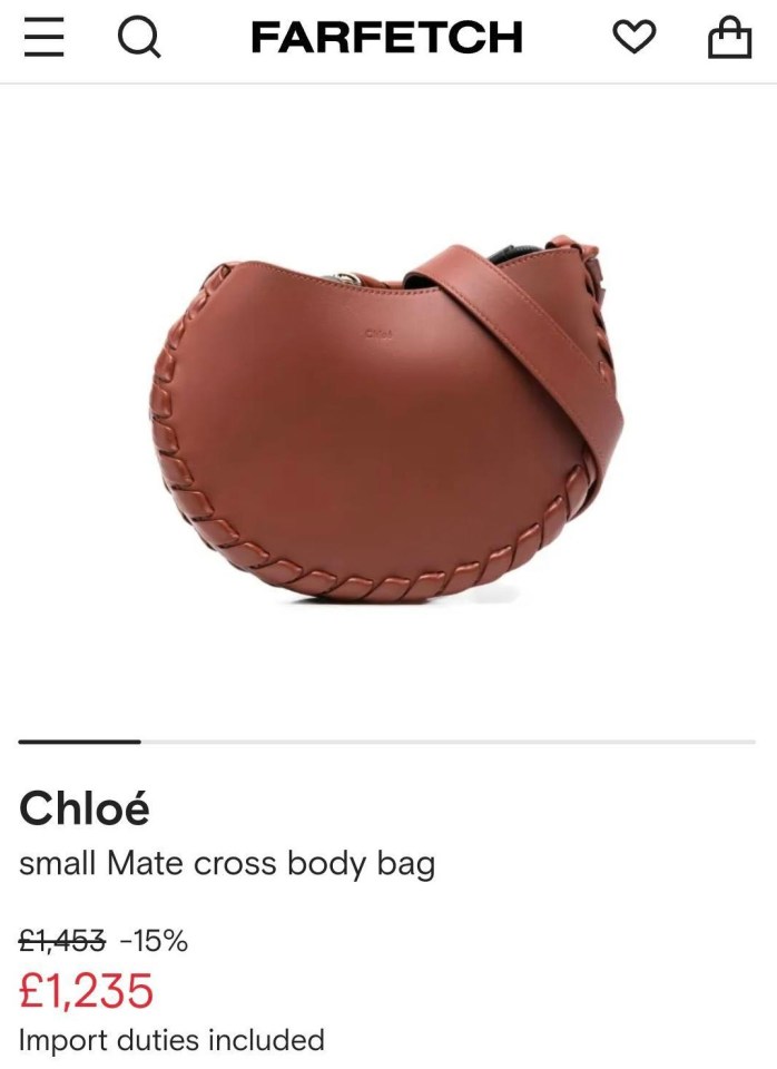 Screenshot of Farfetch website showing a Chloé small Mate crossbody bag.