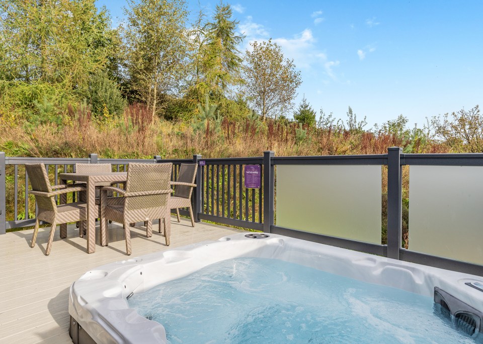 Hot tub and patio furniture on a deck overlooking trees.