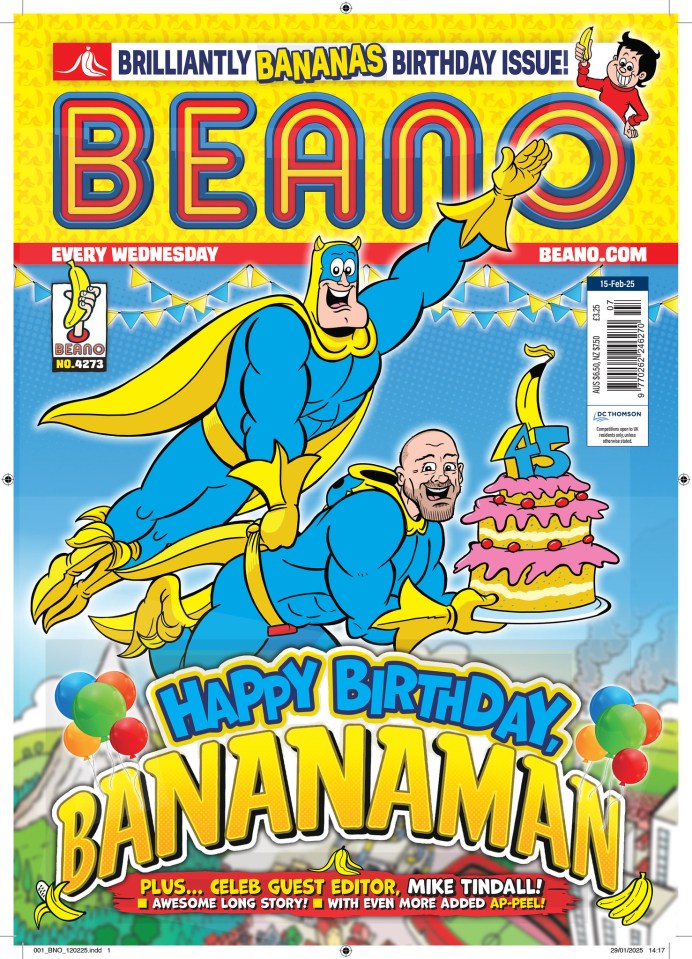 Beano comic cover featuring Bananaman and Mike Tindall.