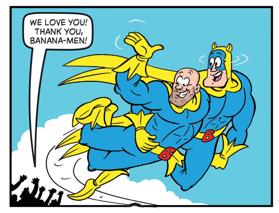 Illustration of Mike Tindall as a Bananaman character in a comic book panel.