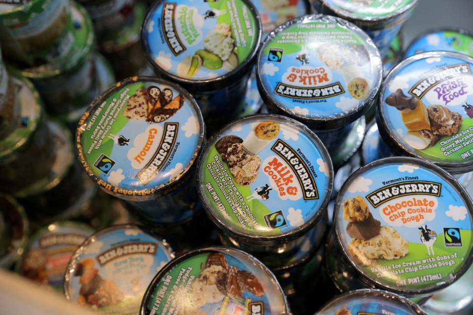 Close-up of several pints of Ben & Jerry's ice cream.