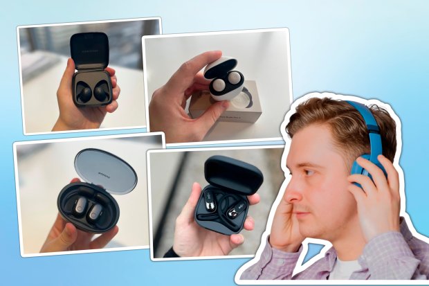 Collage of various earbuds and a person wearing headphones.