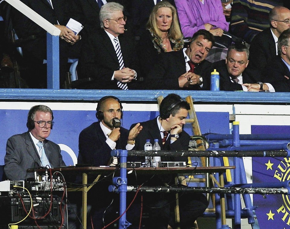 BBC commentators and Bolton Wanderers manager Sam Allardyce at a soccer match.