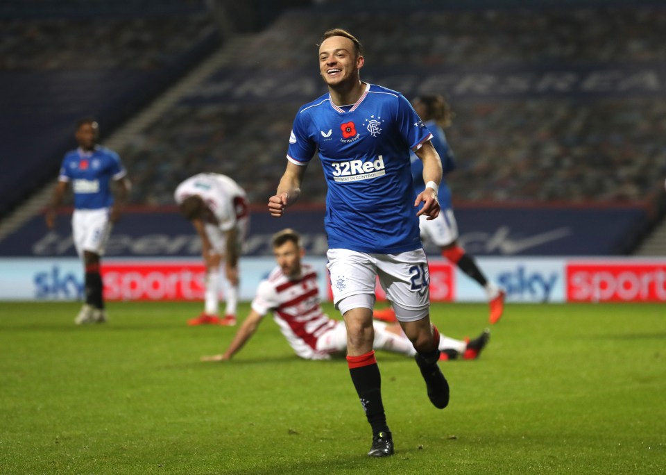 Brandon Barker of Rangers celebrating a goal.