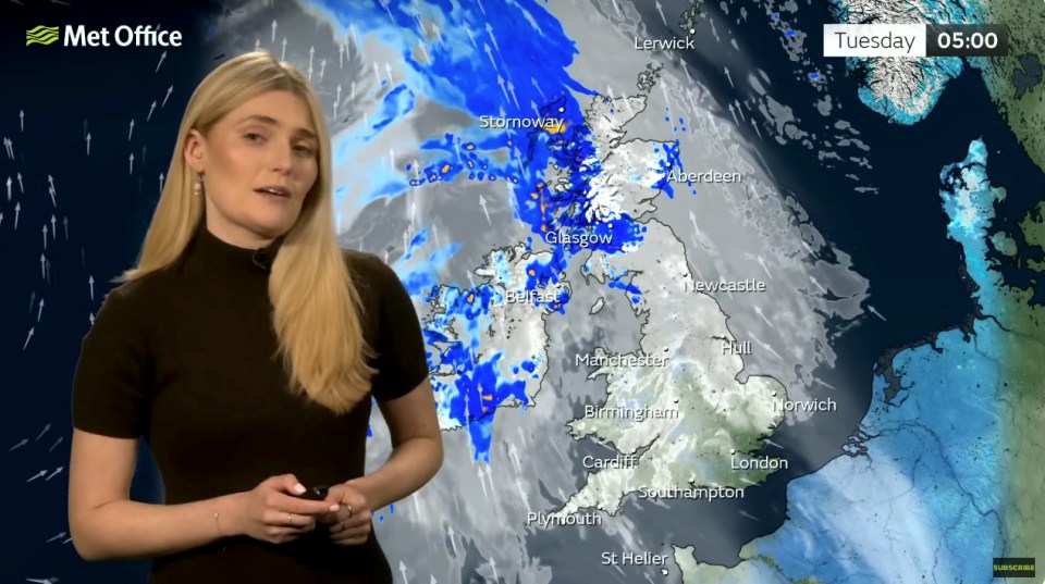 Met Office weather presenter with UK snow forecast map.