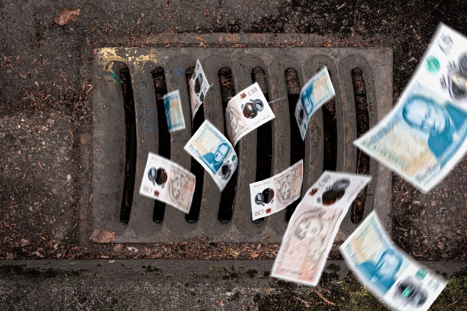 British currency falling into a kerbside grille.