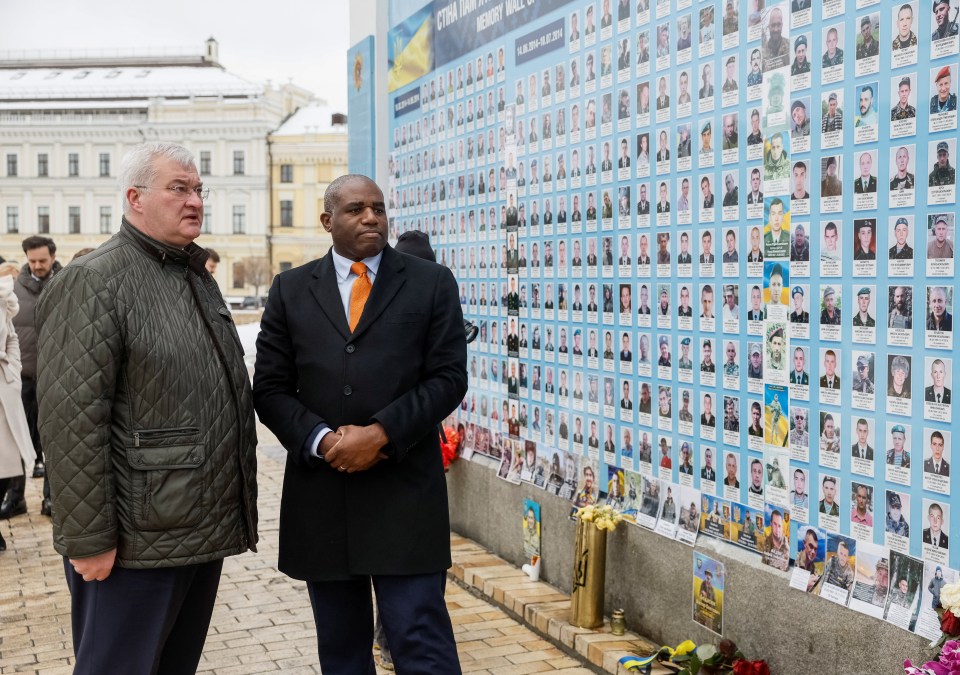 British Foreign Secretary David Lammy and Ukraine's Foreign Minister visiting the Wall of Remembrance for fallen Ukrainian soldiers.