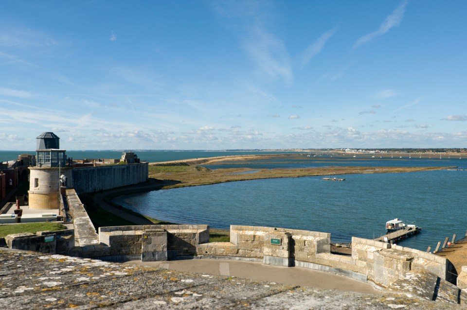 View from Hurst Castle battlements overlooking the water and a shingle spit.