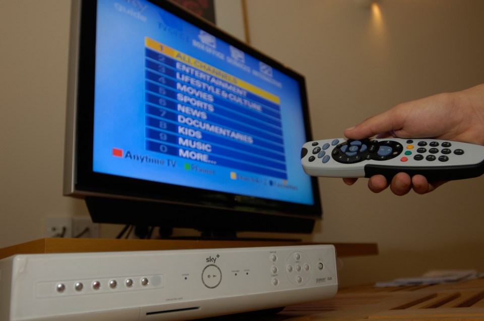 Illustration of a hand holding a Sky TV remote, with a Sky+ box and television showing the channel guide in the background.