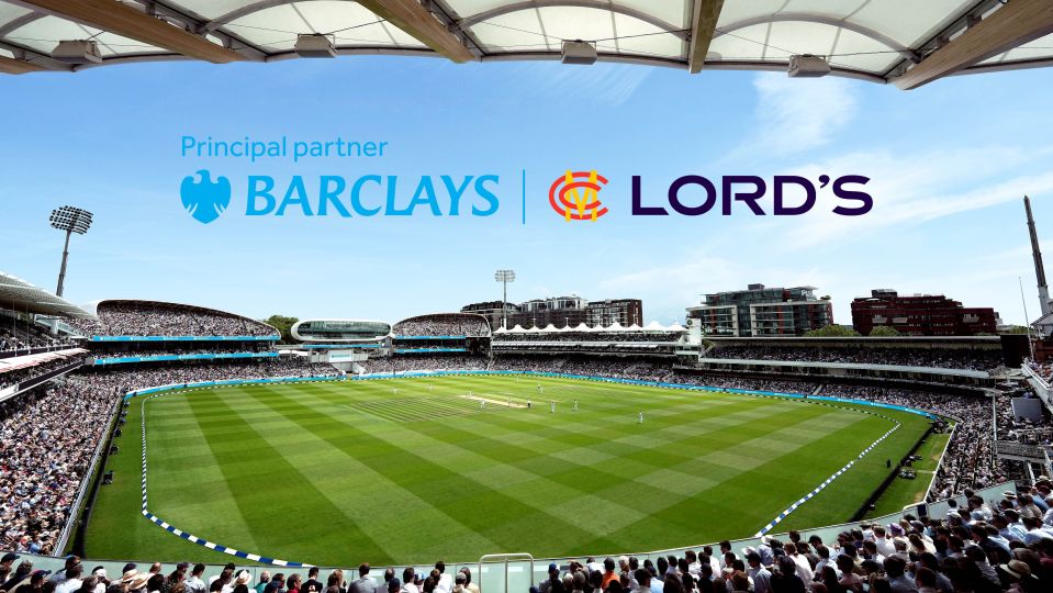 Lord's Cricket Ground with Barclays logo; a cricket match in progress.